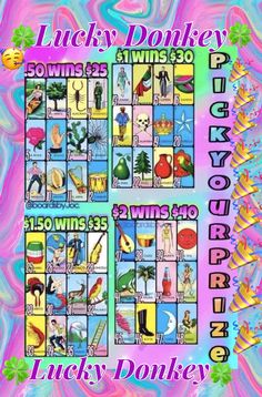 the lucky donkey board game is shown in pink, blue and green colors with lots of pictures