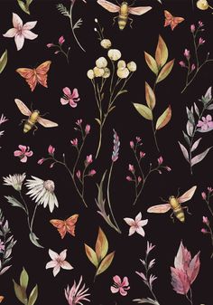 a black background with flowers and butterflies on it