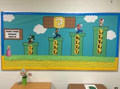 a bulletin board with mario and luigi on it in a school classroom setting, next to two desks