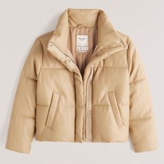 Bnwt Abercrombie And Fitch Vegan Leather Mini Puffer Color: Light Brown Size: Xl Athlesiure Fits, Tan Leather Jackets, Puffer Jacket Women, French Girls, Pinterest Closet, Tres Chic, Virtual Closet, Classic Mini, Women's Coats & Jackets