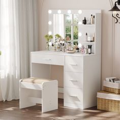 a white vanity with lights on it in a room next to a window and rug