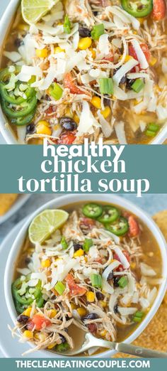 two bowls filled with chicken tortilla soup