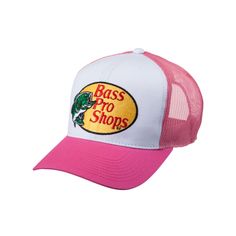 Our Bass Pro Shops Embroidered Logo Mesh-Back Cap features bright colors and our iconic logo, big and bold, embroidered on the front. This hat is a great way to show off your passion for an outdoor lifestyle. The mesh back encourages airflow to keep your head cool, and a snapback closure ensures a comfortable fit. The Bass Pro Shops Embroidered Logo Mesh Cap is a classic! Imported.    100% polyester    Embroidered Bass Pro Shops logo    Mesh back panels for cool comfort    Snapback closure Bass Pro Shop Hat, Pink Trucker Hat, Bass Pro Shop, Camouflage Hat, Mens Trucker Hat, Hunting Girls, Camo Hats, Panel Hat, Mesh Cap