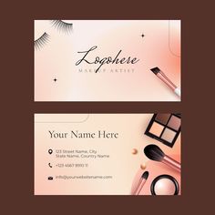 two business cards with makeup products on them