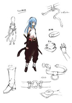 an anime character with blue hair is standing in front of various objects and holding her hands out