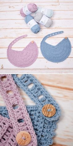 crocheted baby bib and booties are shown in three different colors, including blue, pink, gray, and white