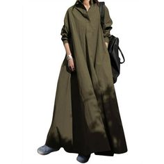 Solid Long Cotton Maxi Dress, Solid Color Long Cotton Maxi Dress, Green Cotton Maxi Dress For Fall, Green Maxi Dress With Long Sleeves And Relaxed Fit, Green Maxi Dress For Fall Daywear, Green Maxi Dress For Daywear In Fall, Non-stretch Cotton Maxi Dress For Fall, Green Dress With Sleeves, Shirt Dress Fall