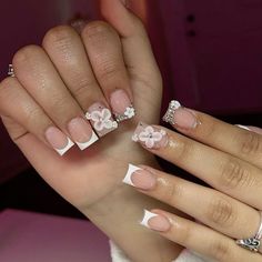 3d flowers 🌸 Nail Inspo With 3d Flowers, Nails 3d Flowers Short, French Tip With 3d Flower, Nails Short French, Short Acrylic Nails 3d Flowers, Short 3d Flower Nails, 3 D Flower Nails, Short Charm Nails, Cute Short Nails