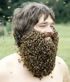 a man with a beard covered in swarms of bees on his face and chest