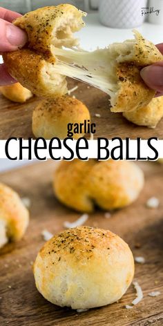 garlic cheese balls on a cutting board with text overlay that reads garlic cheese balls