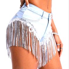 Womens Sequin Tassel Decor Mini Denim Shorts 63% Cotton 28% Polyester 7% Viscose 2% Elastane Spring Cutoff Jean Shorts With Rhinestone Fringe, Rhinestone Fringe Denim Jean Shorts For Spring, Summer High Waist Jeans With Fringe, High Waist Jean Shorts With Rhinestone Fringe For Summer, High-waist Denim Jean Shorts With Fringe, High Waist Denim Jean Shorts With Fringe, Summer Denim Blue Jeans With Fringe, Summer Denim Blue Fringe Jeans, Summer Fringe Denim Blue Jeans