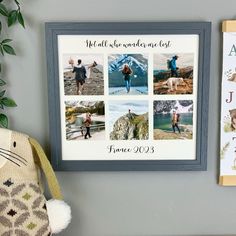 a couple of pictures hanging on the wall next to a stuffed animal and some books