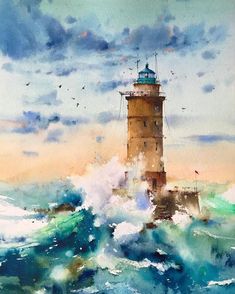 a painting of a lighthouse in the ocean