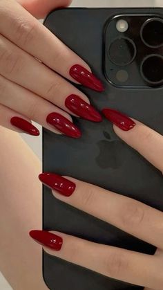 Short Pointy Almond Acrylic Nails, Red Homecoming Nails Acrylic, Red Nails Quotes, Red Squoval Acrylic Nails, Full Red Nails, Ruby Red Nails Designs, Siyah Nail Art, Unique Red Nails, Red Nails 2024