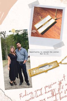 A collage style image of a husband and wife, along with “Polaroid” images of a honeycomb fortune locket with their message inside. Bench Jeweler, Honeycomb Necklace, Jewellers Bench, Necklace Locket, Fortune Cookies, Our Path, New Restaurant, Fortune Cookie, Gold Dipped