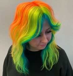 Cyrell Cook on Instagram: “Neon shag for @djdigitaldre @hairbylovesalon! #btconeshot22_shagmullet #btconeshot22_placement #behindthechair #oneshothairawards…” Split Dye Hair, Hair Color Placement, Dyed Hair Ombre, Split Dye, Vivid Hair, Split Dyed Hair