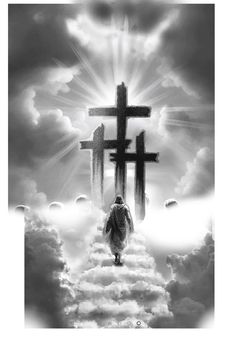 a person walking up the stairs to a cross in the sky with clouds and sun rays