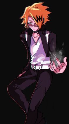 an anime character with orange hair and black pants, holding a cell phone in his hand