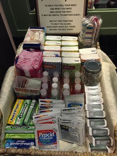 a basket filled with lots of items on top of a table