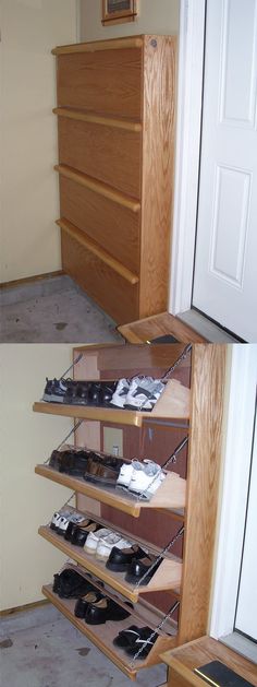 there are two shelves that have shoes on them