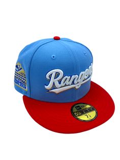 Texas Rangers New Era Blue Champions Custom Side Patch 59FIFTY Fitted Hat - Men's Fitted Hats Men, Nfl Hats, Flex Fit Hats, Nba Hats, Raised Embroidery, Utah Jazz, Houston Rockets, Indianapolis Colts, Cleveland Browns