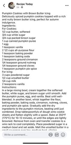 the recipe list for pumpkin cookies with brown butter icing is shown on an iphone screen