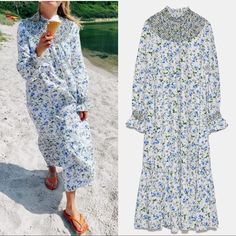 Brand New With Tags Size Xsmall , Small, Medium, Large Zara Floral Print Midi Dress For Daywear, Zara Floral Print Maxi Dress For Daywear, Zara Long Sleeve Midi Dress For Garden Party, Zara White Floral Print Midi Dress, Rustic Dress, High Collar Dress, Rustic Dresses, Green Brands, Zara Dresses