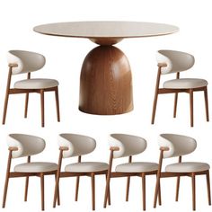 six chairs and a round table with white upholstered seats