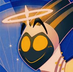 a cartoon character with an angel halo above his head and eyes, in front of a blue background