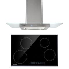 an oven and stove top with the hood up on it's side, against a white background