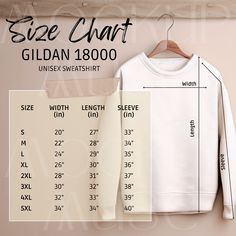 size chart for the gildan 18000 unisex sweatshirt with measurements