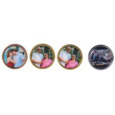 three round magnets with pictures of people in the middle one has a man and woman on it