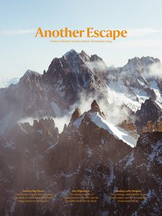 the front cover of another escape magazine with mountains in the background and clouds flying over them