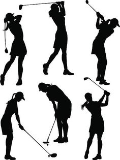 the silhouettes of people playing golf in different poses and positions, including one man swinging a