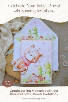 a baby's arrival card and envelope with an image of a teddy bear on it