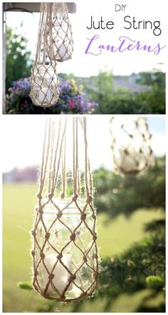 two pictures of hanging lanterns in the grass with text overlay that reads diy jute string lantern