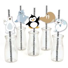 penguin, ghost and polar bear drinking straws with black and white striped paper straws