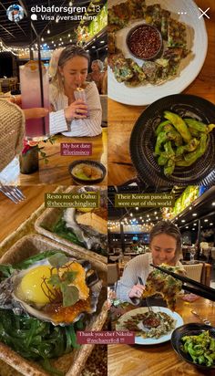 a woman sitting at a table with food in front of her