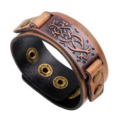 PRICES MAY VARY. 🌳🌳THE MEANING OF NORDIC AMULET - Viking bracelet with different amulet has different meanings. The Dara knot is a symbol of tradition, heritage and the power of being connected to your people, bonded to your clan 🌳🌳TURTLEDOVE DESIGN - The size of this Viking bracelet is 9*1.6 inch. This medieval leather bracelet is a perfect combination of metalwork and leather rope chain of a Celtic knot design. The metalwork is engraved Nordic amulet, which is Gothic jewelry style. This Vi Dara Celtic Knot, Celtic Knot Bracelet, Bronze Accessories, Celtic Knot Designs, Leather Bangle, Viking Bracelet, Punk Vintage, Buckle Bracelet, Wide Bracelet