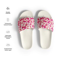 Tap into sweet island energy with these Hot Pink, Orange and White Hawaiian Flowers Women's Slides from Extremely Stoked! These slides feature a cushioned upper strap and a textured footbed, providing ultimate comfort and a refreshing touch to your feet. • Cushioned faux leather upper strap • Lightweight polyurethane (PU) outsole • Contoured, textured footbed • Stitched around the upper perimeter for extra durability • Spot clean only • Printed, cut, and handmade Important: This product is avail Tropical Open Toe Synthetic Sandals, Pink Synthetic Sandals For Poolside, Pink Vacation Slippers With Textured Footbed, Vacation Pink Slippers With Textured Footbed, Pink Slippers With Textured Footbed For Vacation, Pink Textured Footbed Slippers For Vacation, Pink Beach Slippers With Removable Insole, Pink Slippers With Removable Insole For Beach, Pink Vacation Slippers With Cushioned Footbed