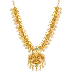 This 22k Indian gold necklace has a majestic appeal that oozes with cultural beauty. The spectacular array of emeralds, cz stones, and pearls allow for the engraved detailing to pop a into the forefront. Features • 22k yellow gold • Emerald • Engraved details • Cubic zirconia • Pearls As a leading gold Indian jewelry store in the USA, we are proud to offer a wide selection of beautiful Indian gold jewelry, including this stunning 22k Indian gold temple necklace with emeralds, pearls, and cz ston Luxury Yellow Gold Temple Jewelry Kundan Necklace, Luxury Yellow Gold Round Temple Necklace, Diwali Bridal Necklace In Yellow Gold With 17 Jewels, 22k Gold Temple Necklace With Gemstones, Yellow Gold Temple Necklace With 17 Jewels For Diwali, Yellow Gold Gemstone Temple Necklace For Festivals, Yellow Gold Temple Necklace With Gemstone For Festivals, Festive 22k Gold Bridal Necklace In Green, Bollywood Temple Necklace With 17 Jewels For Festivals