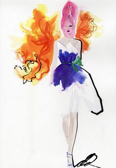 a watercolor drawing of a woman in a white dress with orange and blue hair