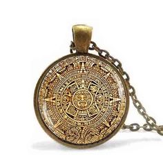 Mayan Calendar Bronze Pendant with Archaeological Glass Image-Pocket Watch-Innovato Design-Alfa-Innovato Design Calendar Necklace, Pentacle Necklace, Sacred Geometry Jewelry, Geometry Jewelry, Wiccan Necklace, Wood Inlay Rings, Pentagram Necklace, Mayan Calendar, Aztec Calendar