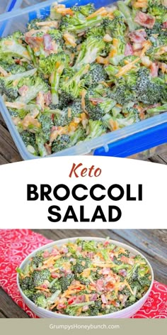 broccoli salad in a glass casserole dish on a red and white towel