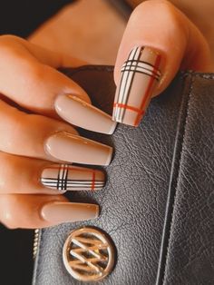 Fall Acrylic Nails Ideas Coffin, Simple Fall Nails Acrylic Coffin, Coffin Gel Nails Ideas Fall, Short Fall Plaid Nails, Plaid Acrylic Nail Designs, Cute Fall Nails Plaid, Fall Plaid Acrylic Nails, Neutral Fall Nails Coffin, Nail Ideas For Coffin Shape