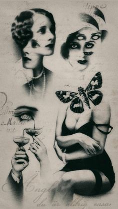 two women with butterflies on their faces and one woman holding a martini in her hand