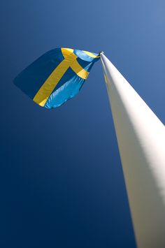 a blue and yellow flag flying from the top of a white pole