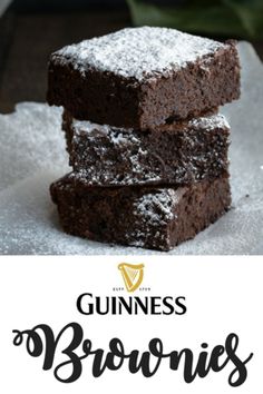 three brownies stacked on top of each other with the title guinness brownies written below