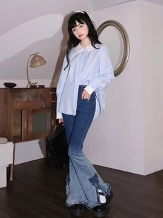 Fabric: 80% cotton, 20% other Jeans Outfit Korean, Flare Jeans Outfit Winter, Flare Shirt, Jeans Outfit Winter, Your Adorable, Image Swag, Color Crush, Ocean Breeze, Blue Outfit