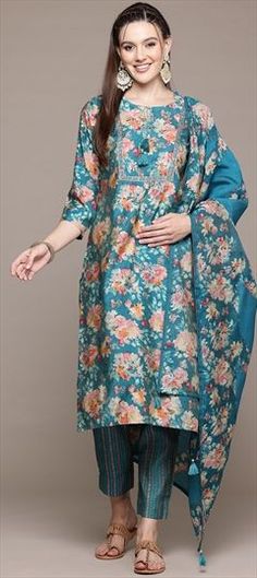 Blue color Salwar Kameez in Muslin fabric with Embroidered, Printed, Thread, Zari work Summer Blue Color, Zari Work, Muslin Fabric, Summer Blue, Salwar Kameez, Jaipur, Thread, Blue Color, Festival